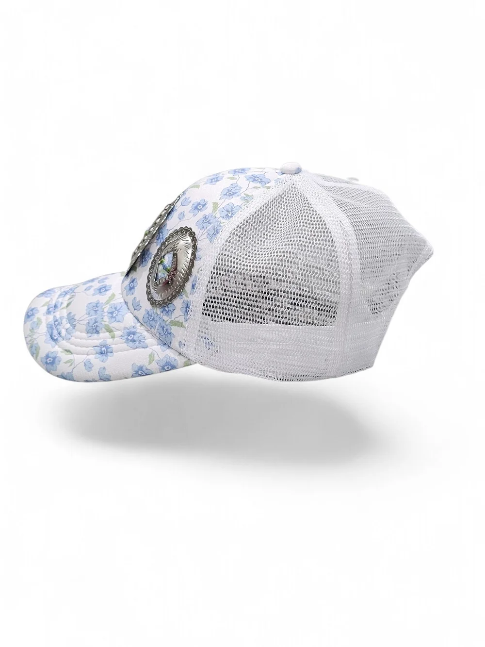 Floral Blue & White Baseball Cap with Silver Conchos, Westren Hat